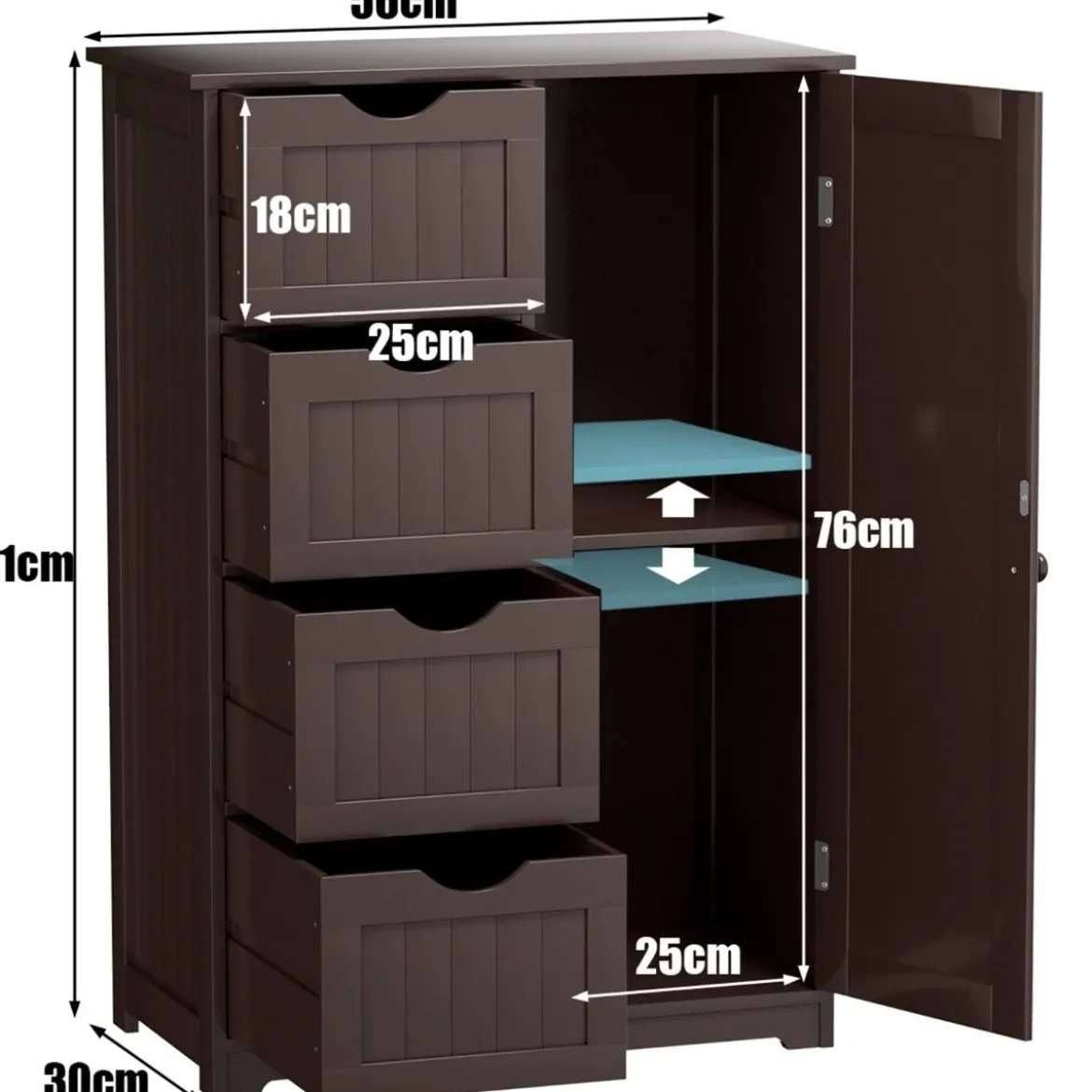 Bodenschrank für Badezimmer mit 4 Schubladen & 1 verstellbaren Regal Platzsparender Mehrzweckschrank Braun