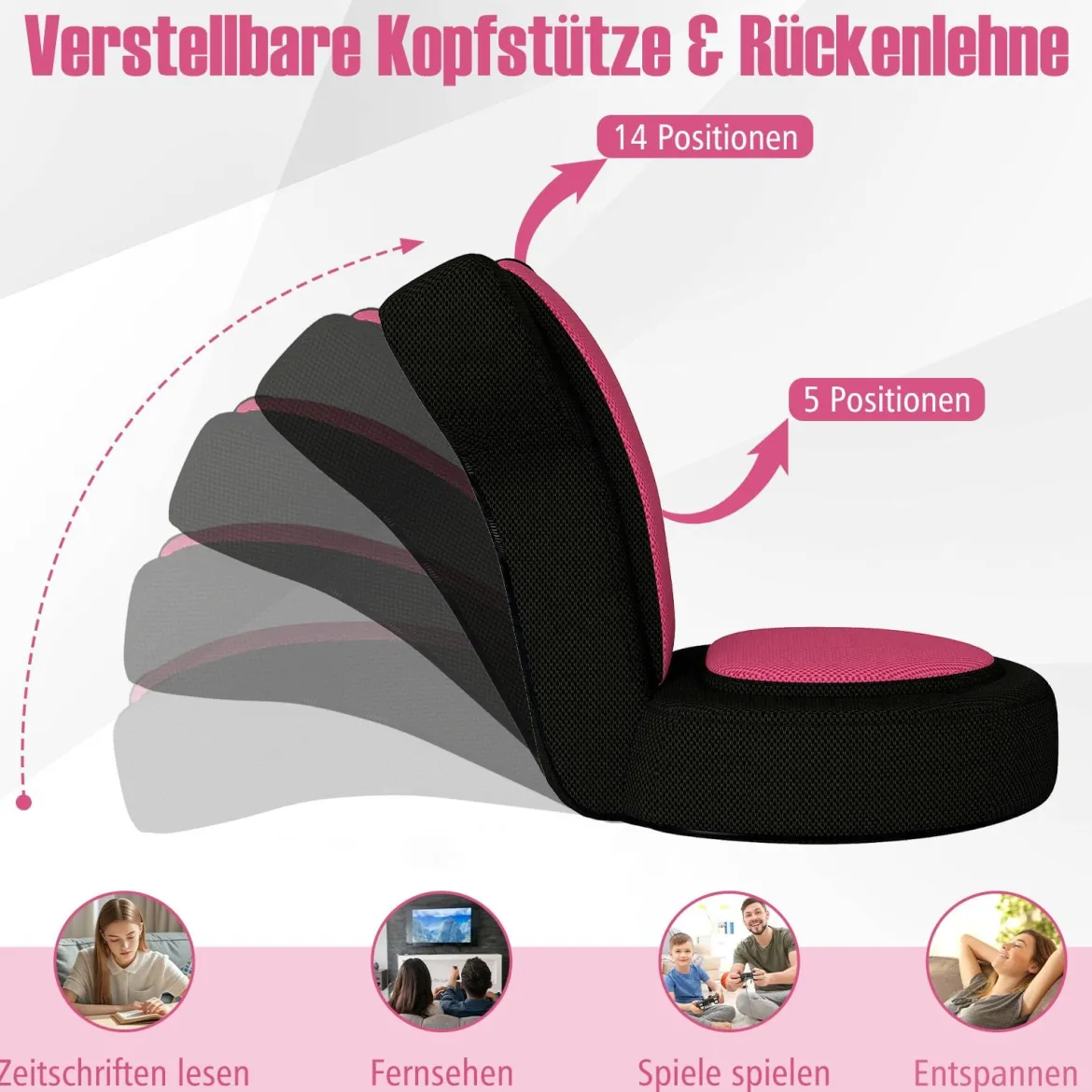 Bodensessel faules Sofasessel mit verstellbarer Kopf- & Rückenlehne schwammgepolsterte Sitzkissen Rosa