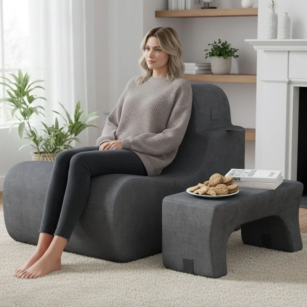 Bodensessel für Erwachsene Lazy Sofa mit abnehmbarem Kopfstütze waschbarer Eisveloursbezug Grau