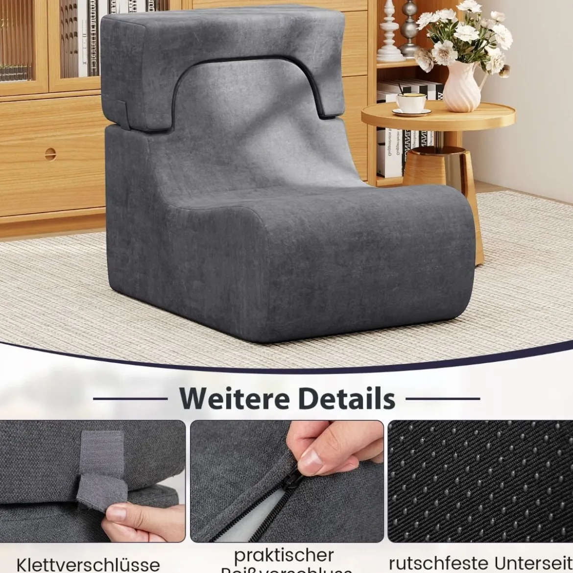Bodensessel für Erwachsene Lazy Sofa mit abnehmbarem Kopfstütze waschbarer Eisveloursbezug Grau