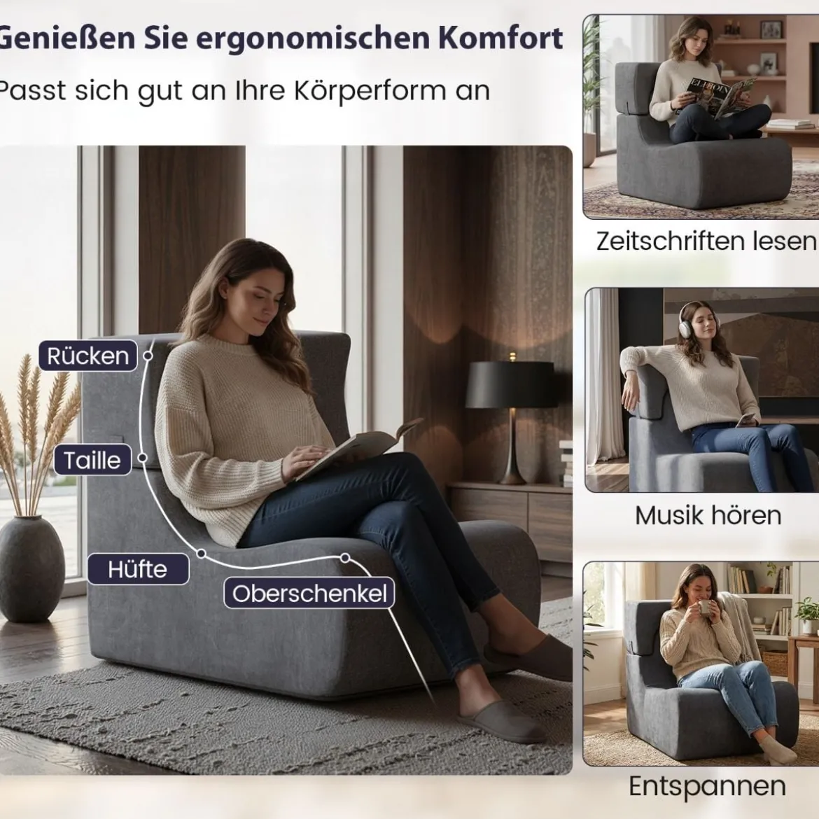 Bodensessel für Erwachsene Lazy Sofa mit abnehmbarem Kopfstütze waschbarer Eisveloursbezug Grau