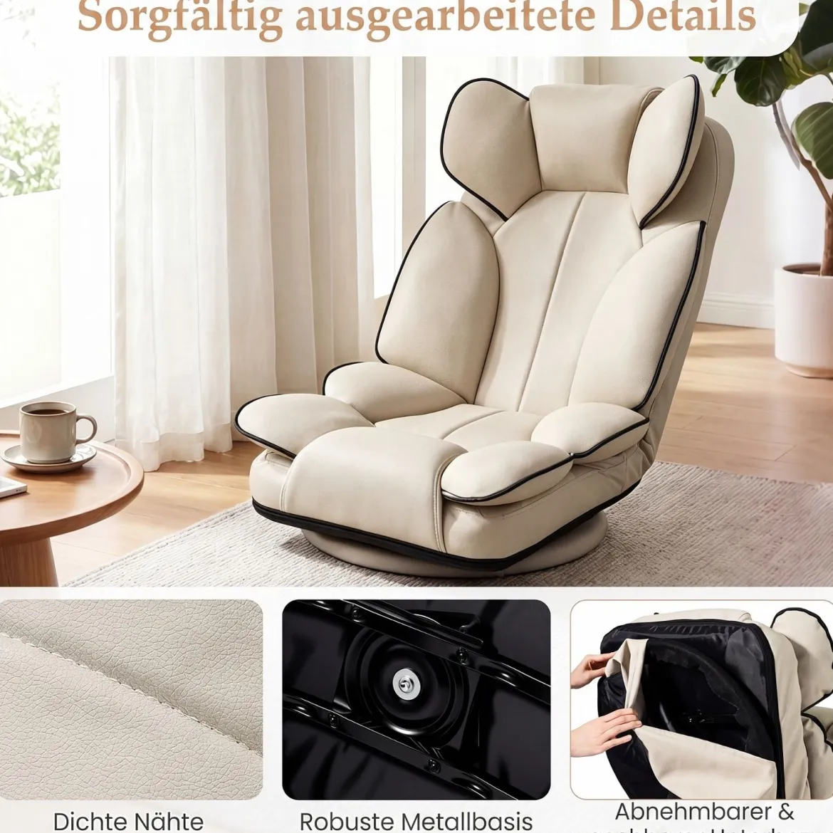 Bodensessel Klappbar mit 6-fach Verstellbarer Rückenlehne 55 x 55-117 x 20-76 cm Beige