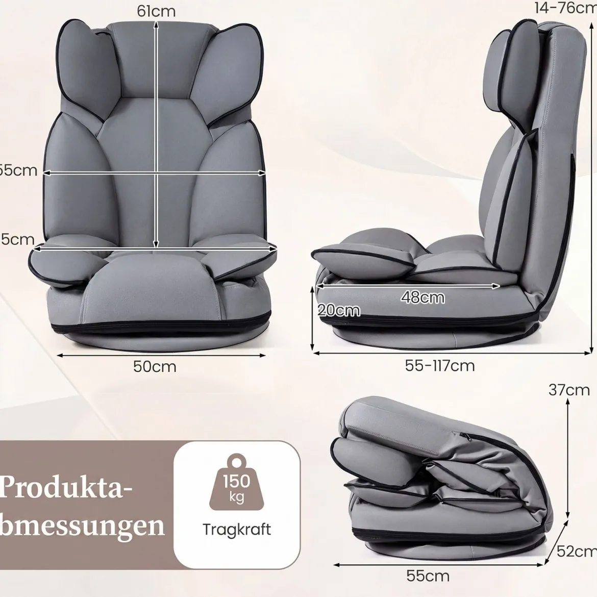 Bodensessel Klappbar mit 6-fach Verstellbarer Rückenlehne 55 x 55-117 x 20-76 cm Grau