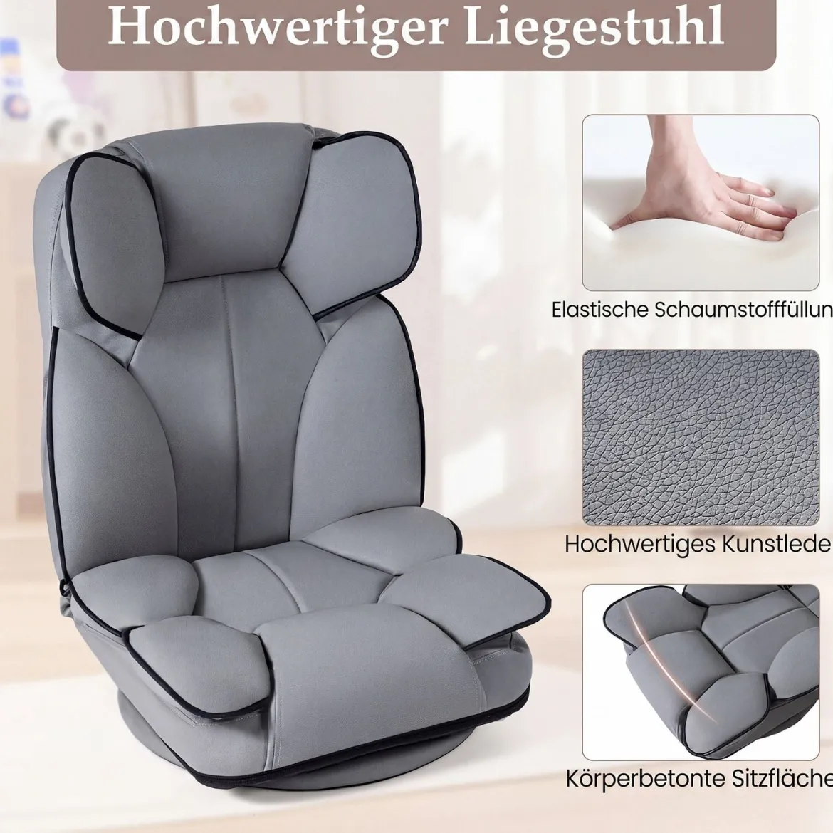 Bodensessel Klappbar mit 6-fach Verstellbarer Rückenlehne 55 x 55-117 x 20-76 cm Grau