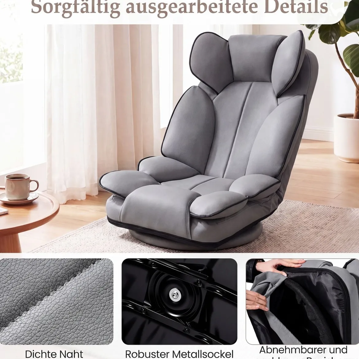 Bodensessel Klappbar mit 6-fach Verstellbarer Rückenlehne 55 x 55-117 x 20-76 cm Grau