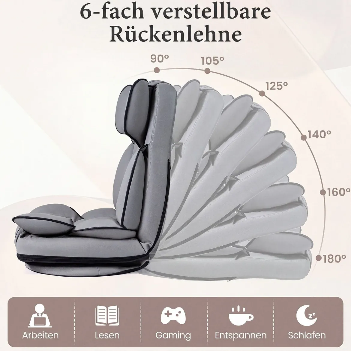 Bodensessel Klappbar mit 6-fach Verstellbarer Rückenlehne 55 x 55-117 x 20-76 cm Grau