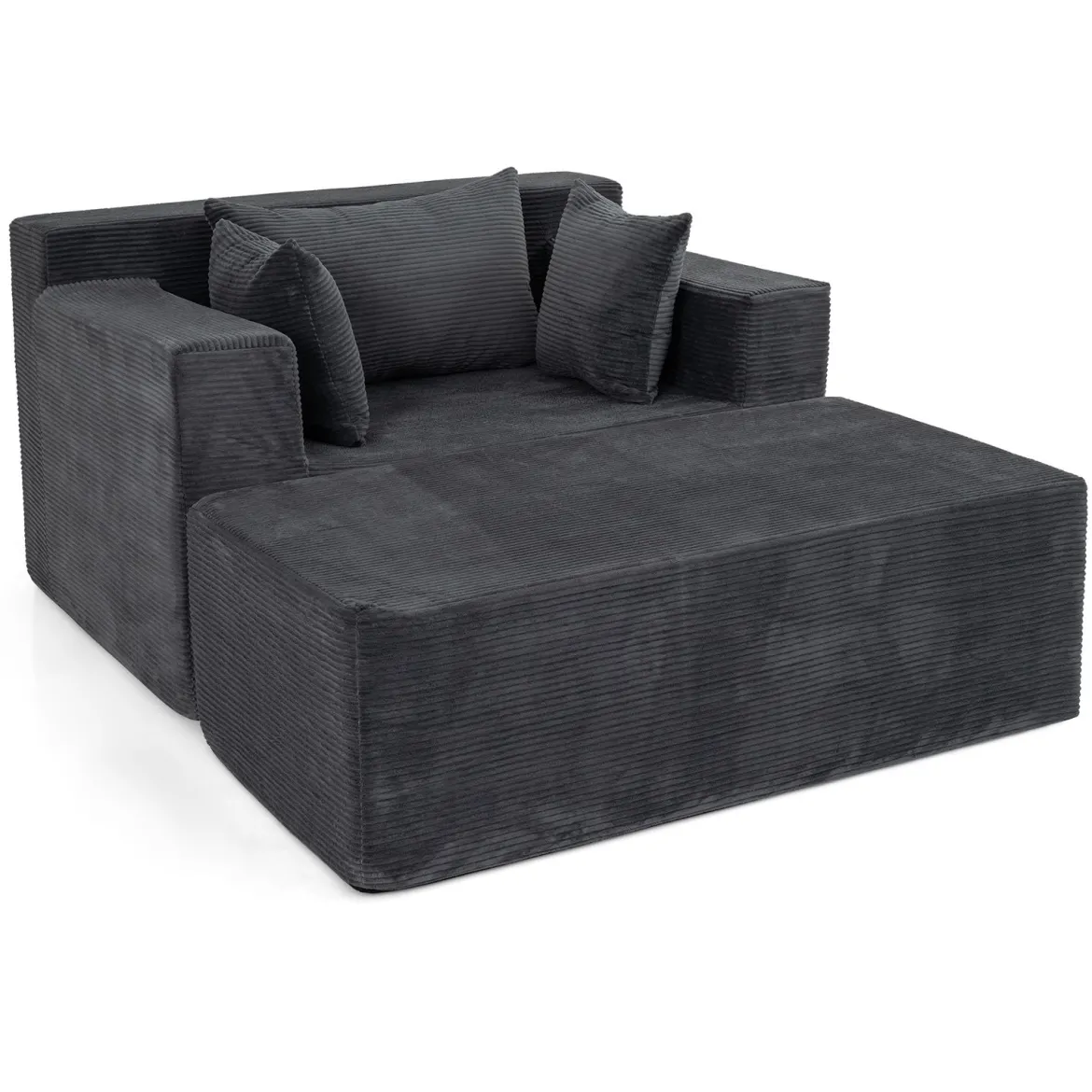 Bodensofa aus Cordstoff mit Hocker Modulares Schlafsofa mit 3 Kissen bis zu 150 kg Belastbar Grau
