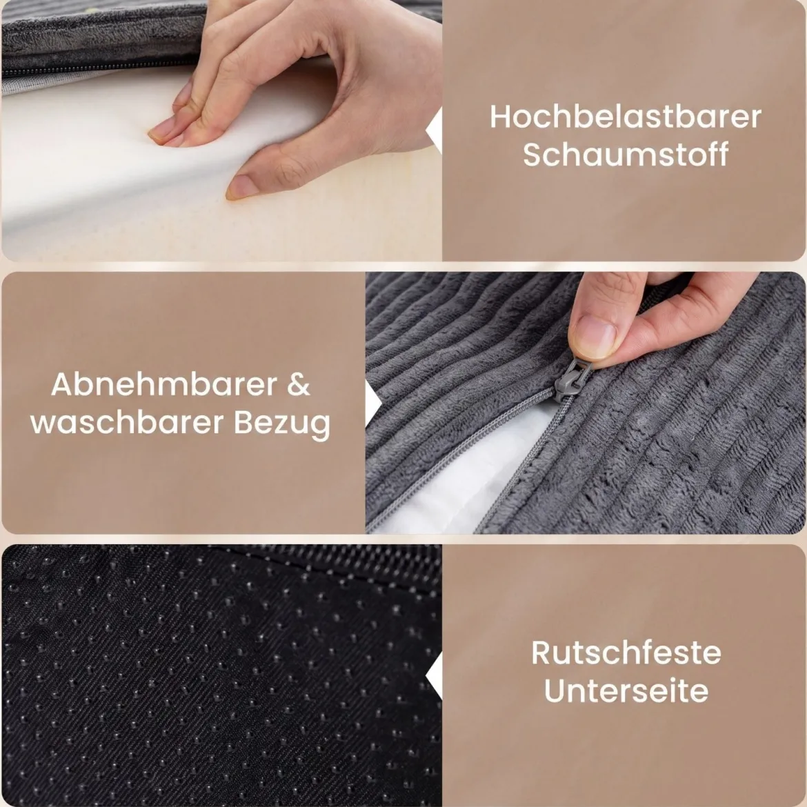 Bodensofa aus Cordstoff mit Hocker Modulares Schlafsofa mit 3 Kissen bis zu 150 kg Belastbar Grau