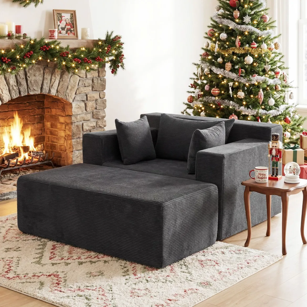 Bodensofa aus Cordstoff mit Hocker Modulares Schlafsofa mit 3 Kissen bis zu 150 kg Belastbar Grau