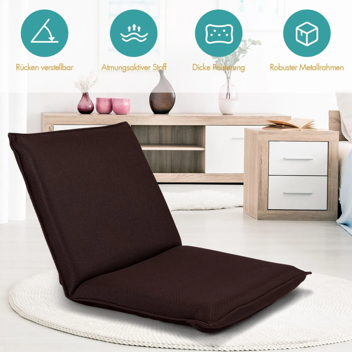 Bodensofa Bodensessel mit 6- stufig Verstellbarer Rückenlehne Meditationsstuhl Kaffee