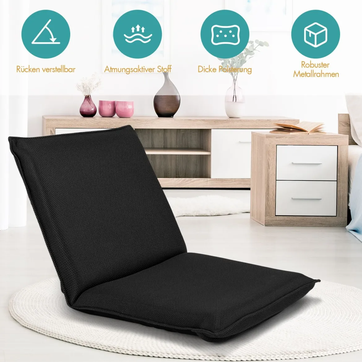 Bodensofa gepolsterter Bodenstuhl verstellbarer Gaming-Stuhl Lazy Sofa Fensterstuhl Schwarz
