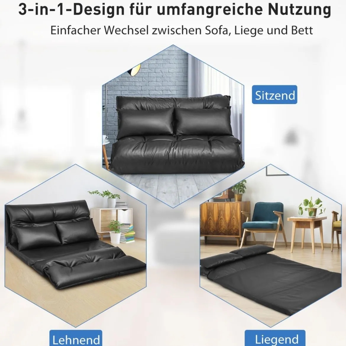 Bodensofa mit 2 Kissen Verstellbares Klappsofa aus Kunstleder Faltbar Schwarz