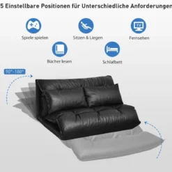 Bodensofa mit 2 Kissen Verstellbares Klappsofa aus Kunstleder Faltbar Schwarz