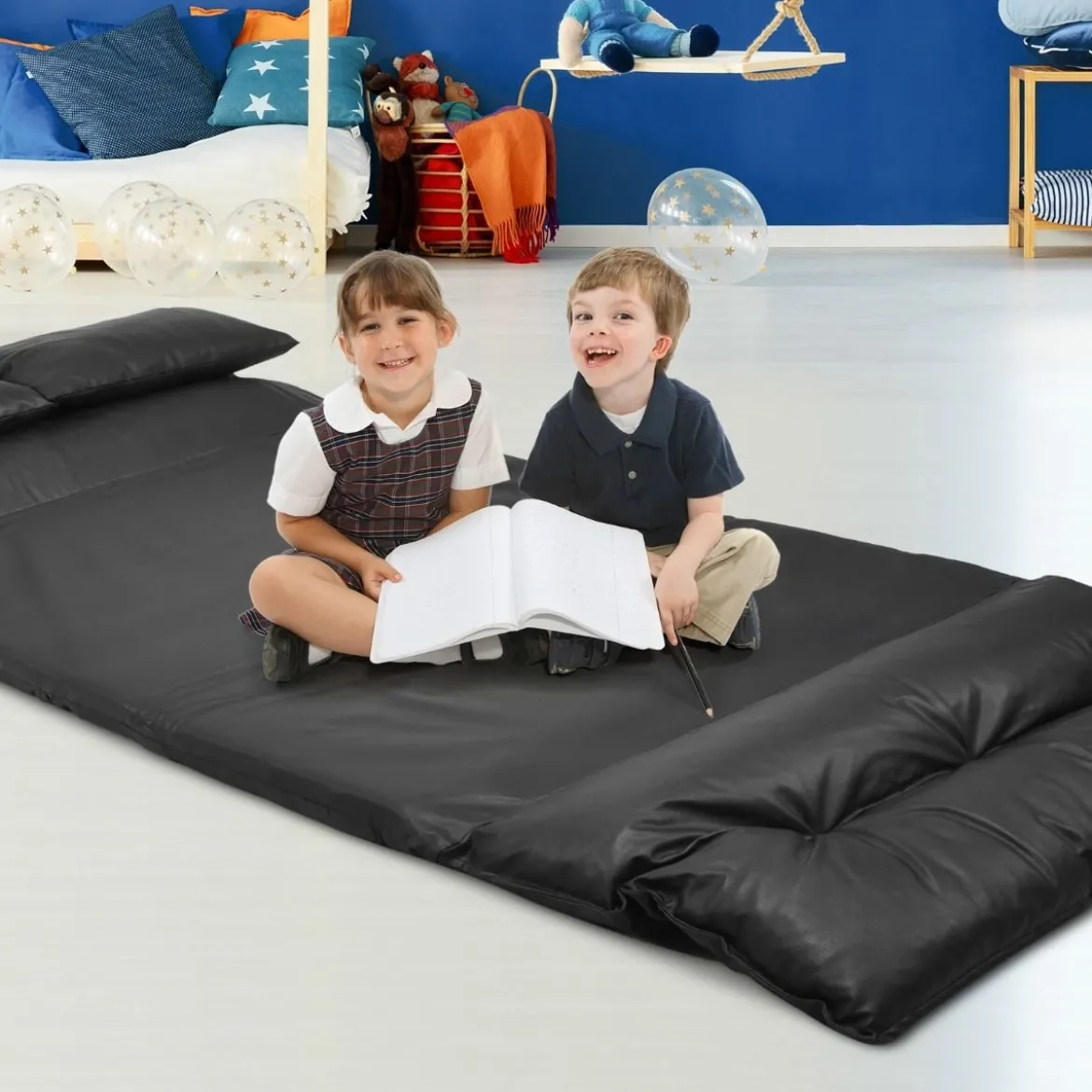 Bodensofa mit 2 Kissen Verstellbares Klappsofa aus Kunstleder Faltbar Schwarz