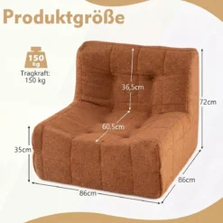 Bodensofa Sitzsack mit Einteiligem Schaumstoff & Teddyplüsch Bezug mit Zierknöpfen Braun/Weiß