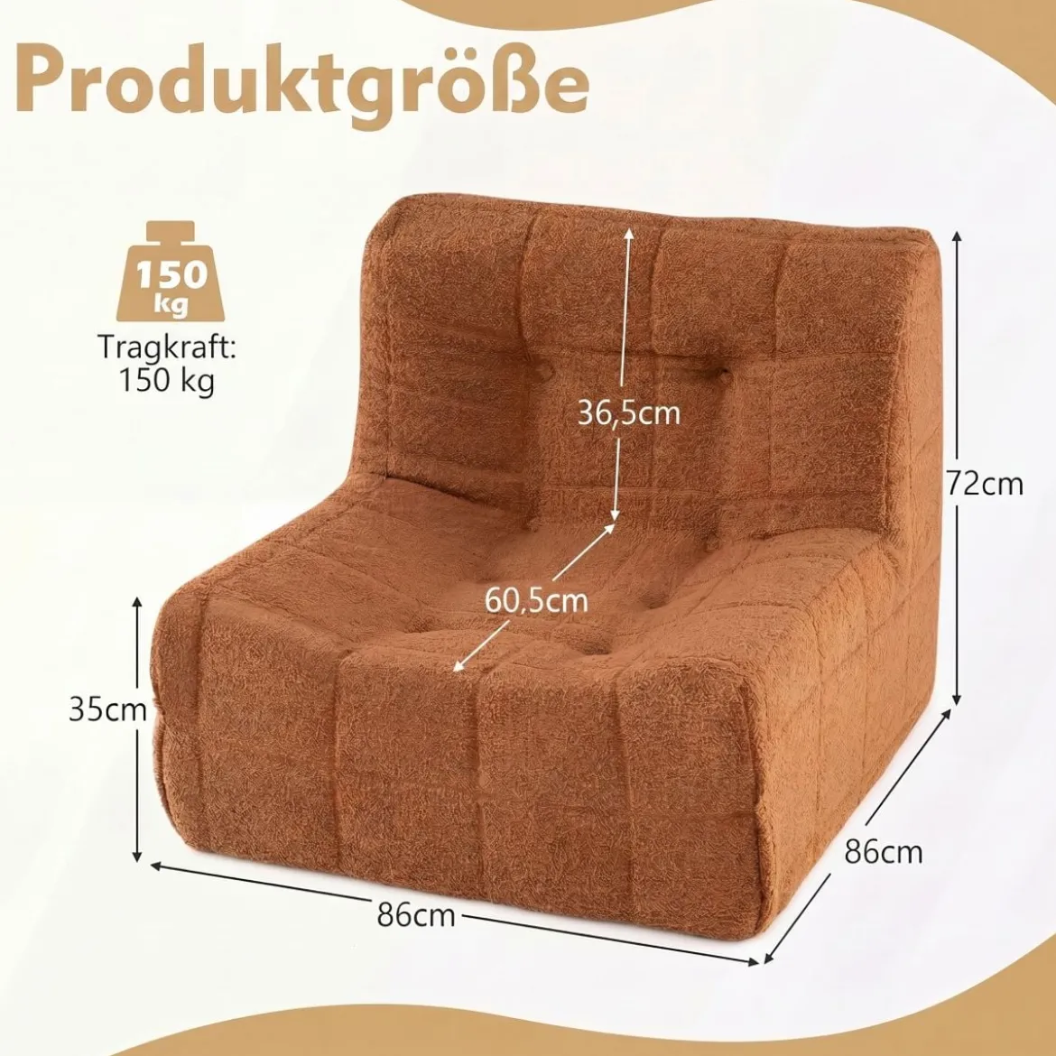 Bodensofa Sitzsack mit Einteiligem Schaumstoff & Teddyplüsch Bezug mit Zierknöpfen Braun/Weiß