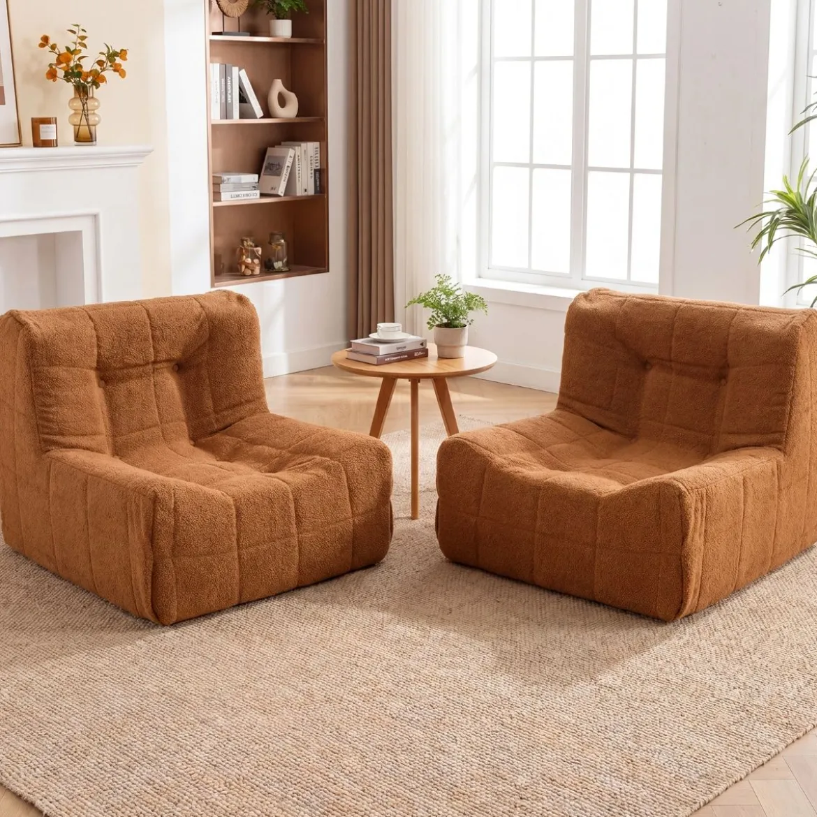 Bodensofa Sitzsack mit Einteiligem Schaumstoff & Teddyplüsch Bezug mit Zierknöpfen Braun/Weiß