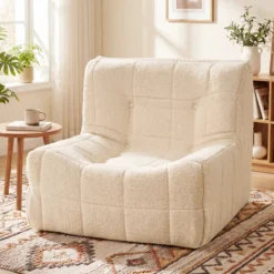 Bodensofa Sitzsack mit Einteiligem Schaumstoff & Teddyplüsch Bezug mit Zierknöpfen Braun/Weiß