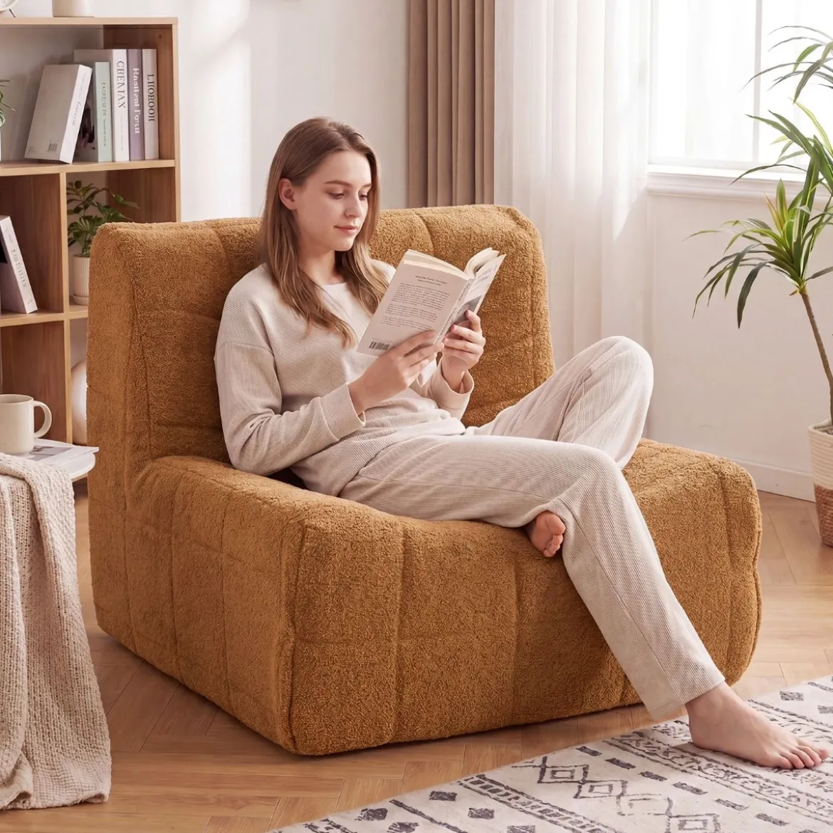 Bodensofa Sitzsack mit Einteiligem Schaumstoff & Teddyplüsch Bezug mit Zierknöpfen Braun/Weiß