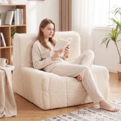 Bodensofa Sitzsack mit Einteiligem Schaumstoff & Teddyplüsch Bezug mit Zierknöpfen Braun/Weiß