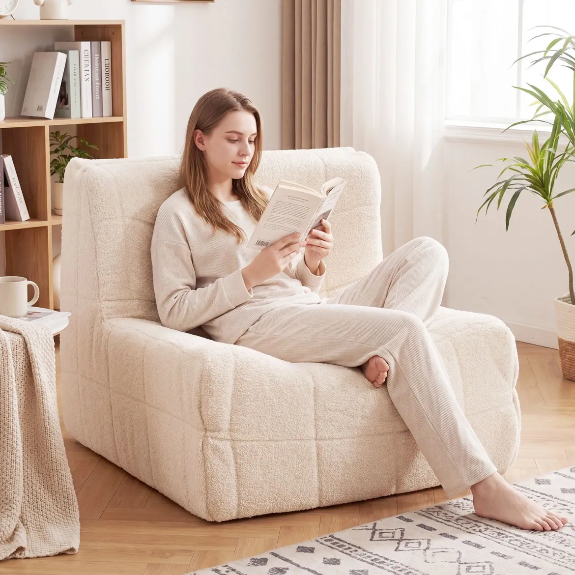 Bodensofa Sitzsack mit Einteiligem Schaumstoff & Teddyplüsch Bezug mit Zierknöpfen Braun/Weiß