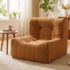 Bodensofa Sitzsack mit Einteiligem Schaumstoff & Teddyplüsch Bezug mit Zierknöpfen Braun/Weiß