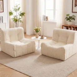 Bodensofa Sitzsack mit Einteiligem Schaumstoff & Teddyplüsch Bezug mit Zierknöpfen Braun/Weiß