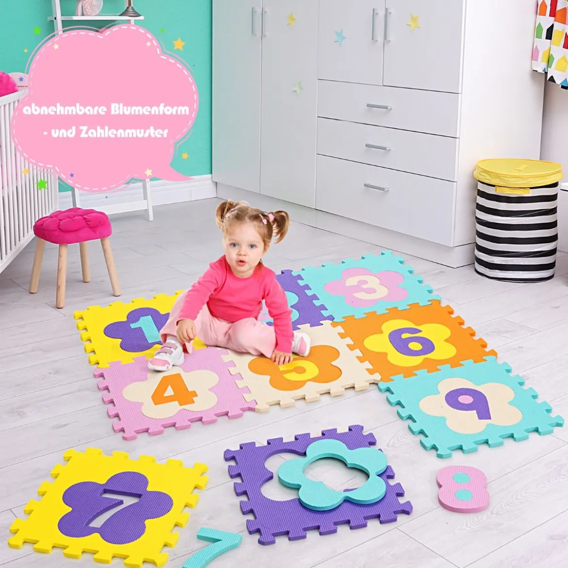 Bodenspielmatte mit abnehmbaren Blumenform- und Zahlenmustern Puzzlematte 50 Stück Bunt