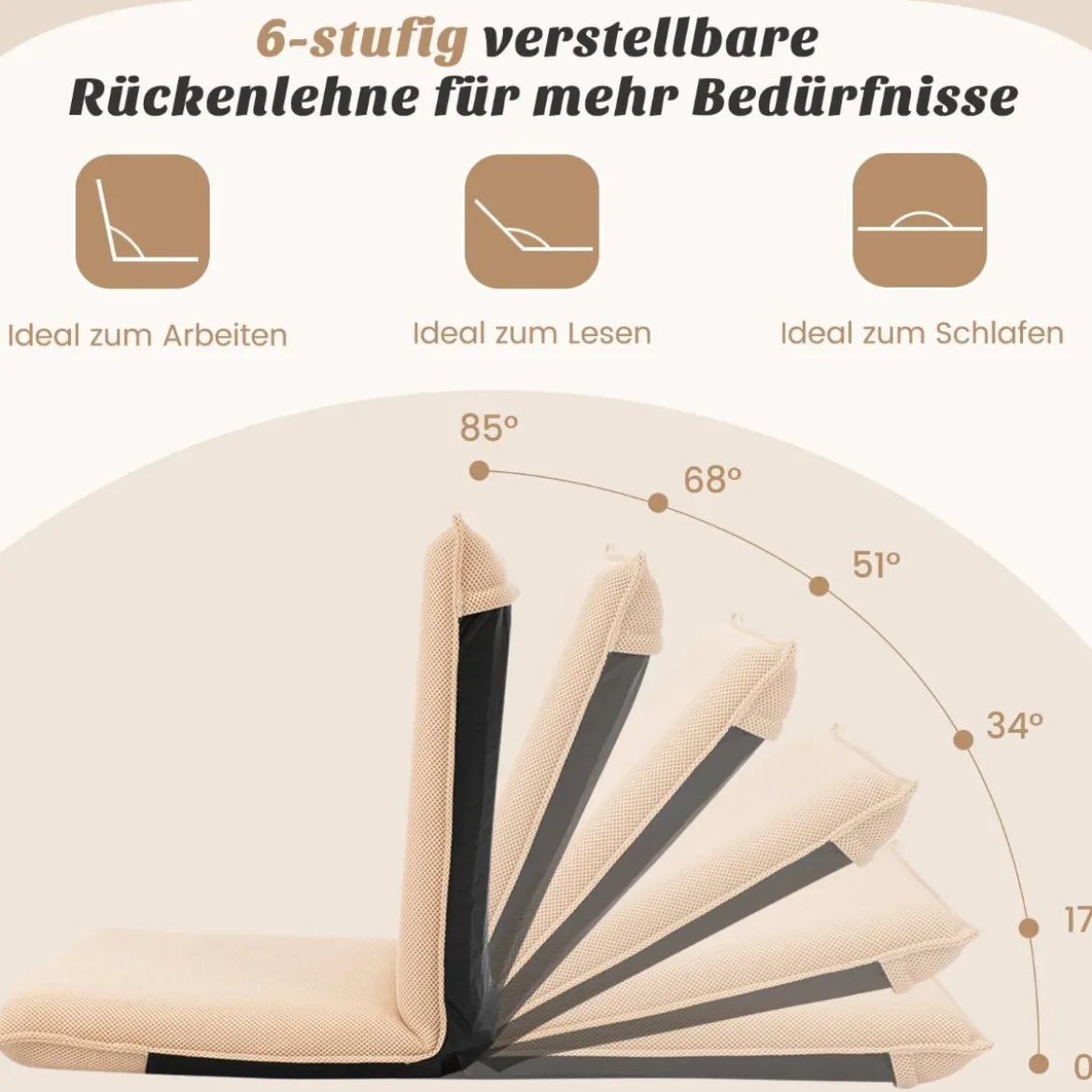 Bodenstuhl Bodensessel mit 6- stufig Verstellbarer Rückenlehne Game Sessel gepolstert Beige
