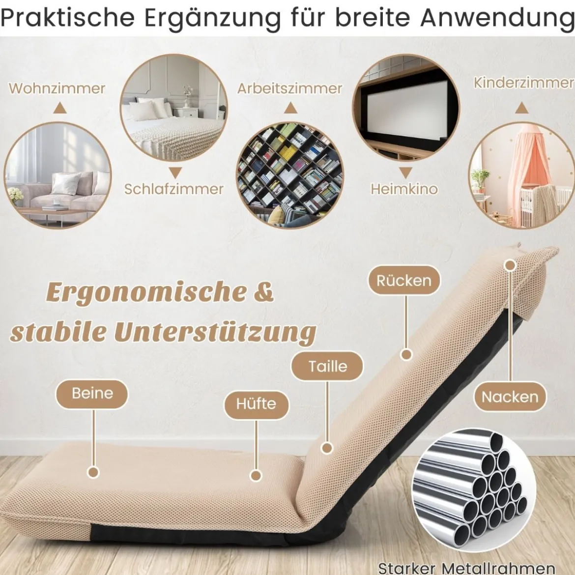 Bodenstuhl Bodensessel mit 6- stufig Verstellbarer Rückenlehne Game Sessel gepolstert Beige
