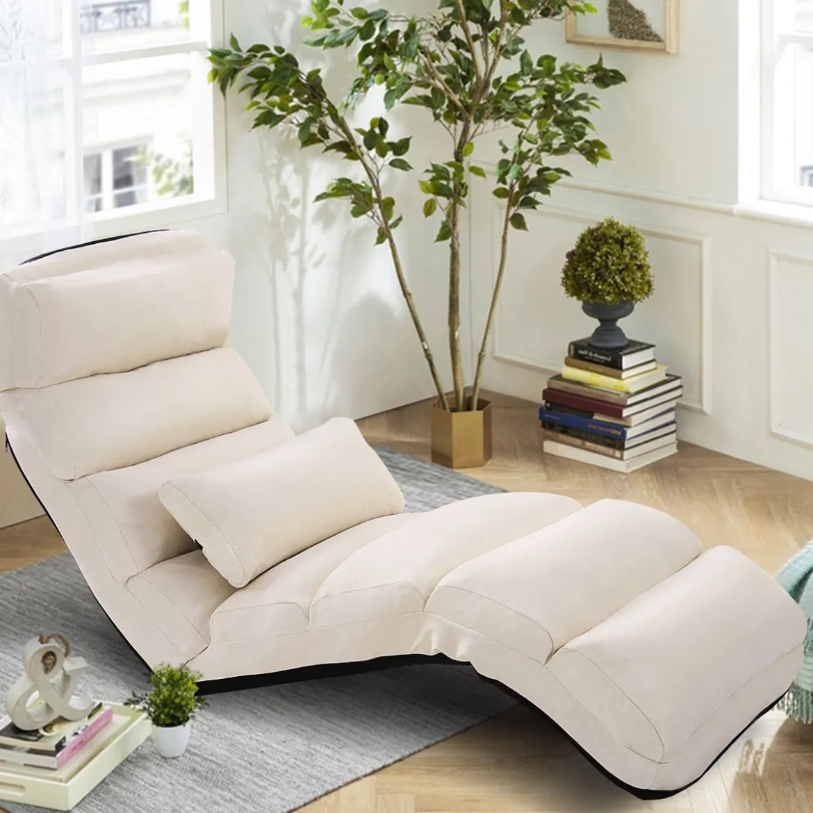 Bodenstuhl 5-fach einstellbarer Wildleder-Polsterstuhl 175 x 55 x 20 cm Beige