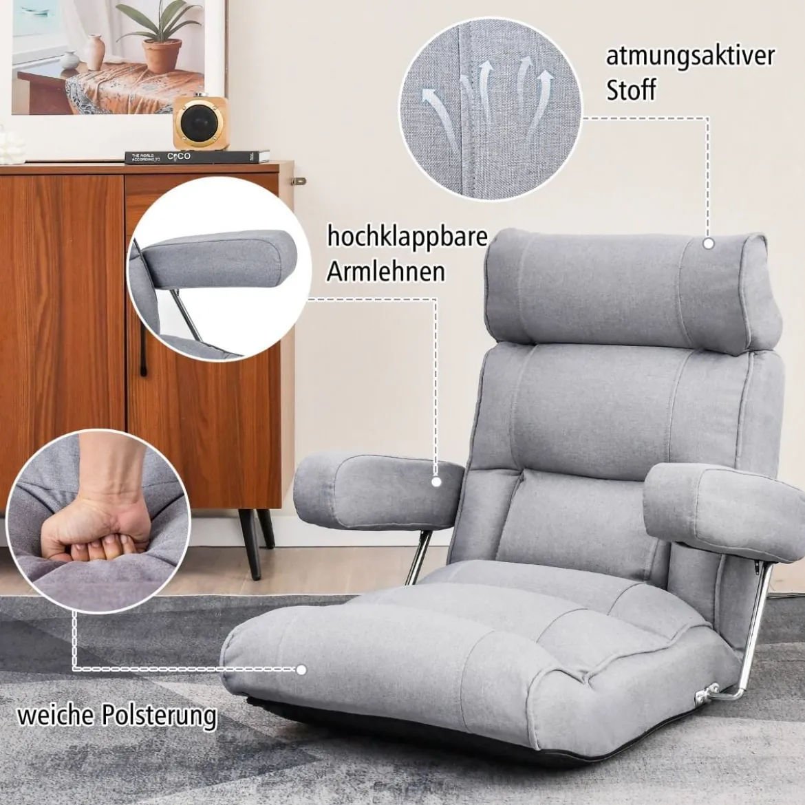 Bodenstuhl klappbares Bondensofa mit verstellbarer Rückenlehne Blau/Grau 80 x 72 x 75 cm