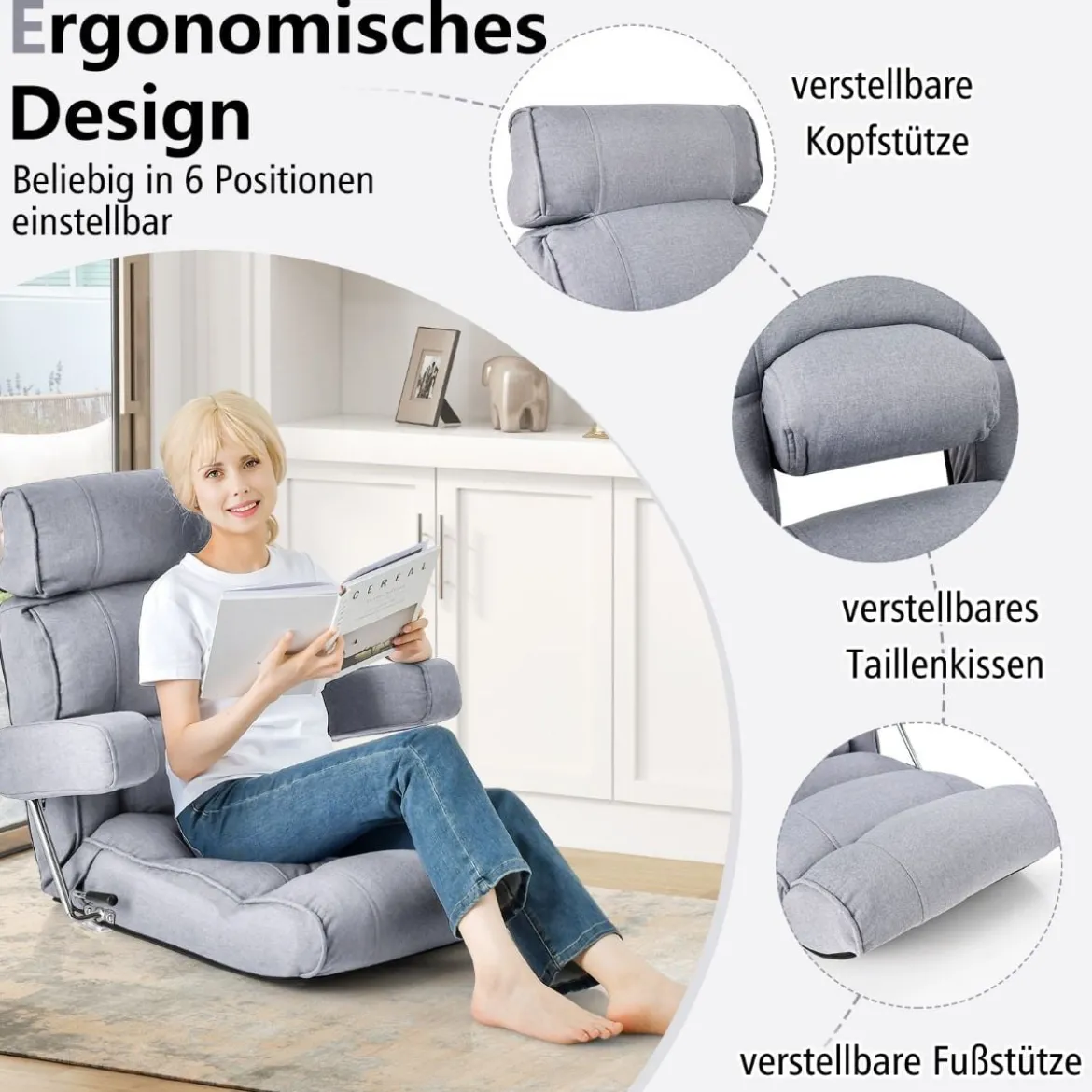 Bodenstuhl klappbares Bondensofa mit verstellbarer Rückenlehne Blau/Grau 80 x 72 x 75 cm