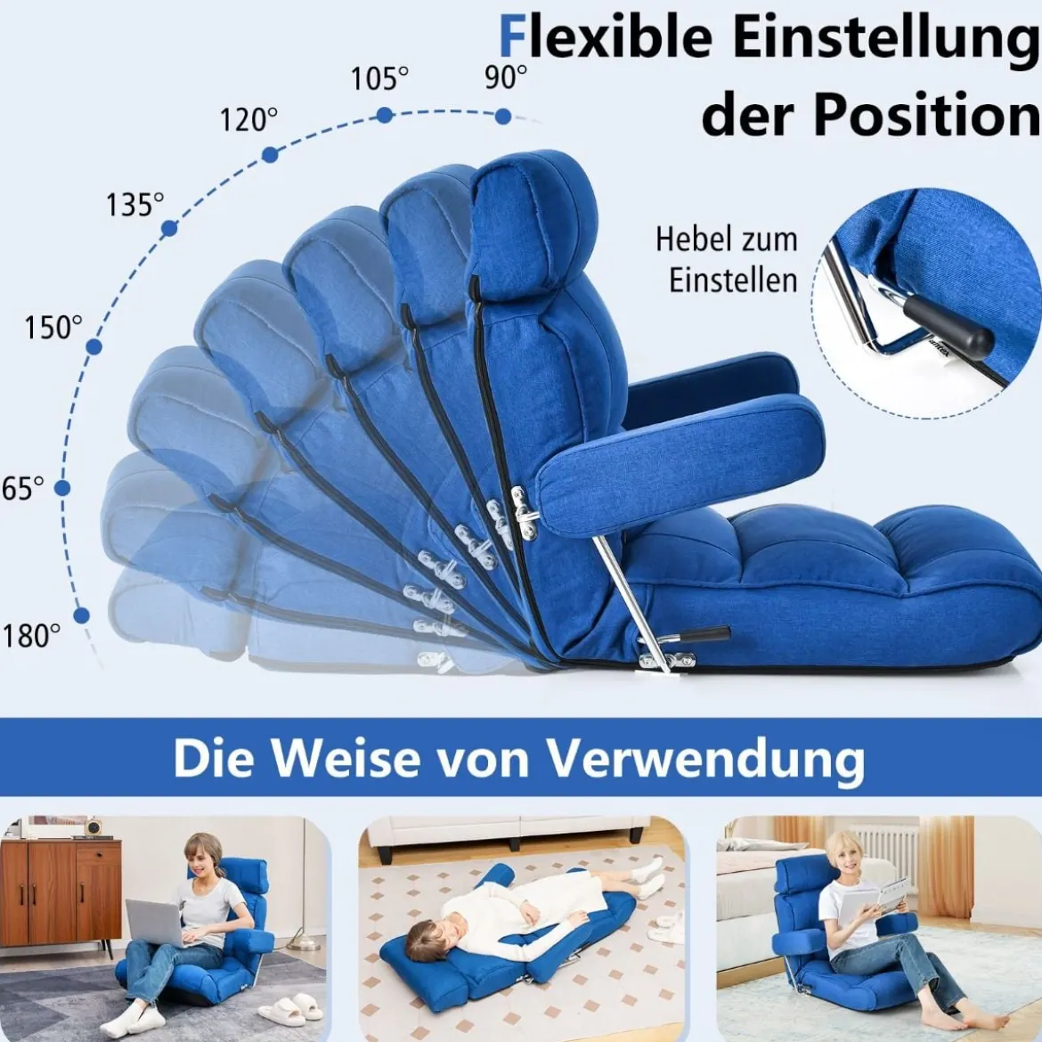 Bodenstuhl klappbares Bondensofa mit verstellbarer Rückenlehne Blau/Grau 80 x 72 x 75 cm