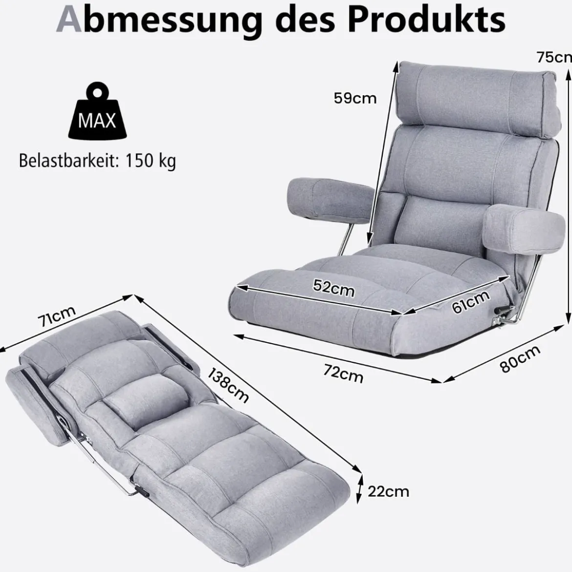 Bodenstuhl klappbares Bondensofa mit verstellbarer Rückenlehne Blau/Grau 80 x 72 x 75 cm
