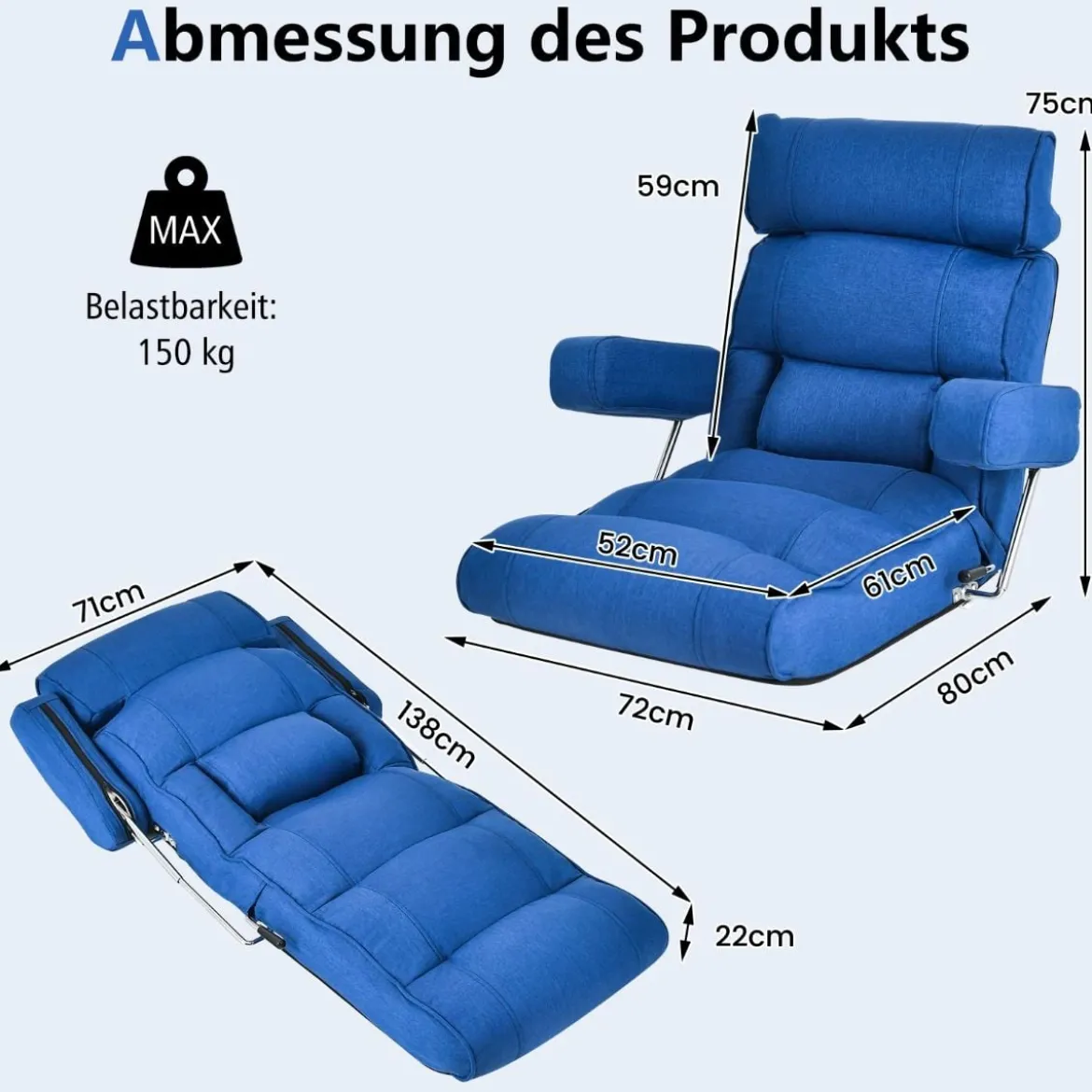 Bodenstuhl klappbares Bondensofa mit verstellbarer Rückenlehne Blau/Grau 80 x 72 x 75 cm