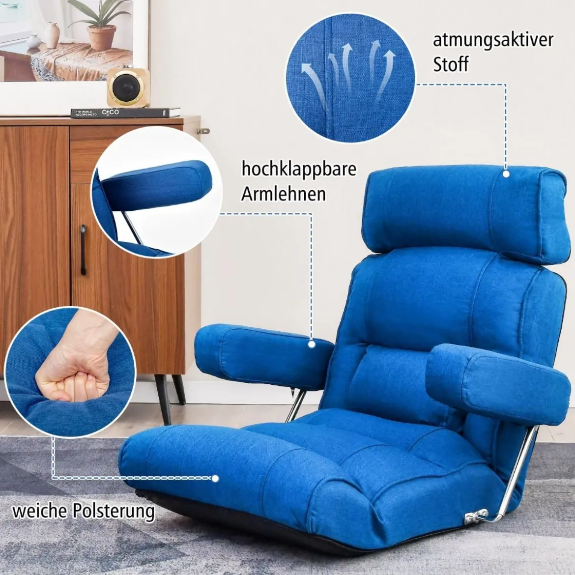 Bodenstuhl klappbares Bondensofa mit verstellbarer Rückenlehne Blau/Grau 80 x 72 x 75 cm