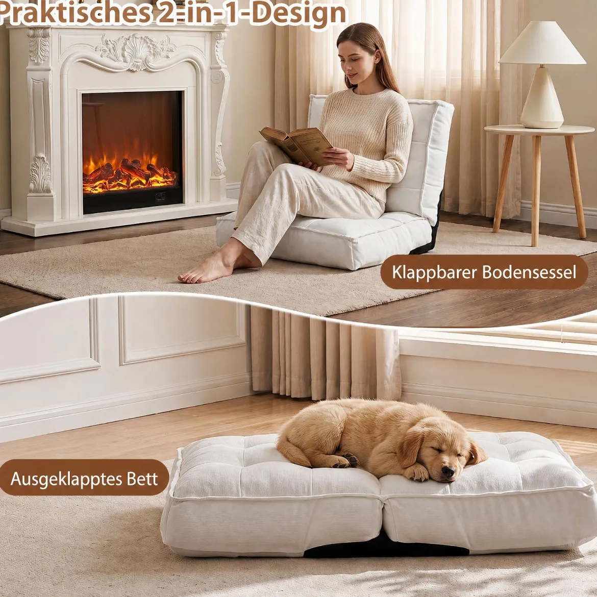 Bodenstuhl Klappbar mit Verstellbarer Rückenlehne & Liegefunktion 60 x 57 x 55 cm Weiß