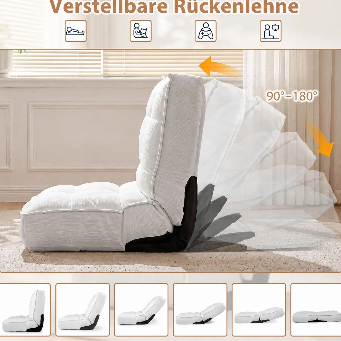 Bodenstuhl Klappbar mit Verstellbarer Rückenlehne & Liegefunktion 60 x 57 x 55 cm Weiß