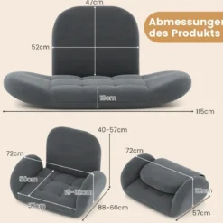 Bodenstuhl mit Verstellbarer Rückenlehne & Armlehnen Bondensofa klappbar Bodensessel Grau