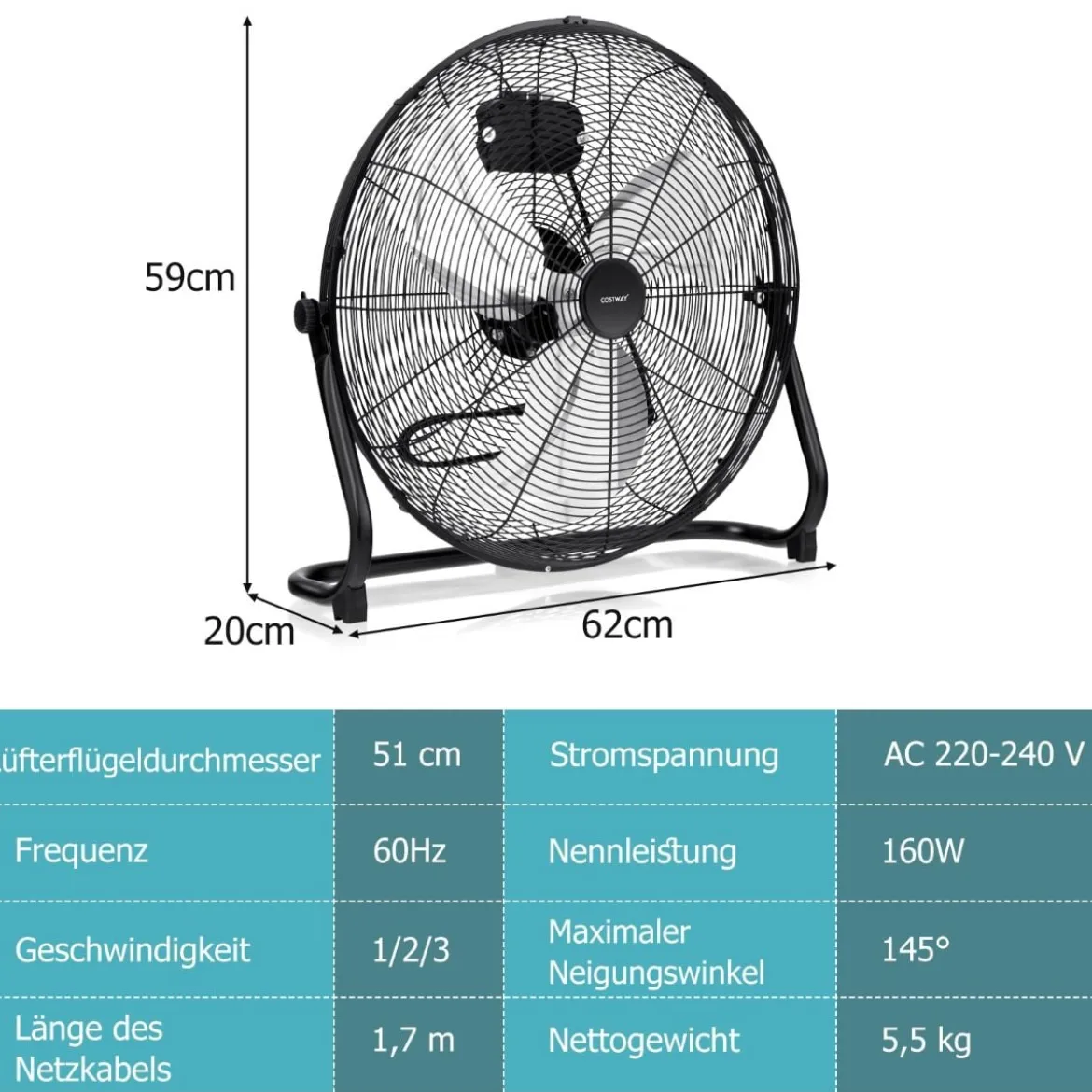 Bodenventilator φ51cm Windmaschine 160W mit 3 Geschwindigkeitsstufen Boden Ventilator im Chrom Design 145° einstellbarer Neigungswinkel