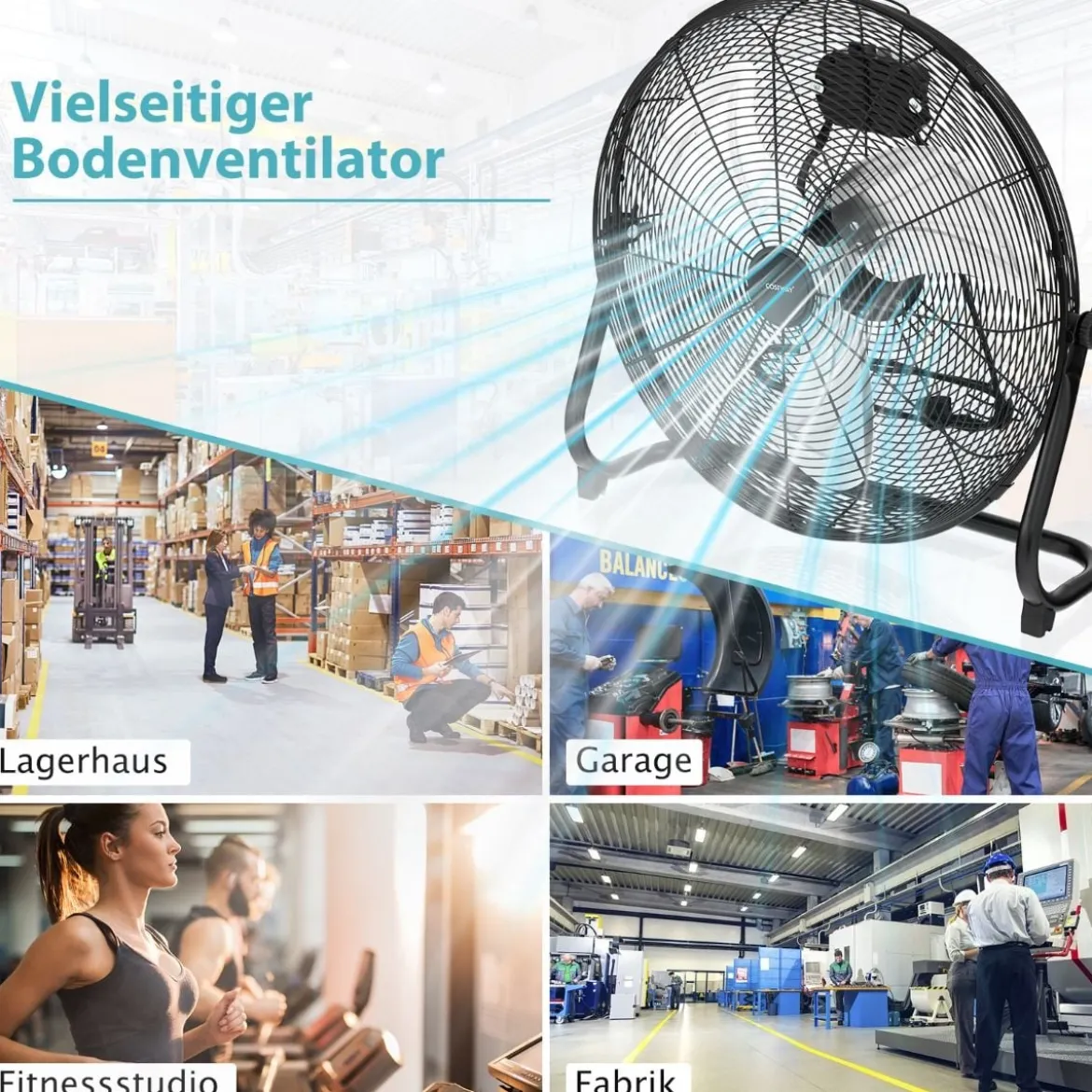 Bodenventilator φ51cm Windmaschine 160W mit 3 Geschwindigkeitsstufen Boden Ventilator im Chrom Design 145° einstellbarer Neigungswinkel