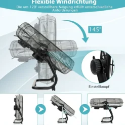 Bodenventilator φ51cm Windmaschine 160W mit 3 Geschwindigkeitsstufen Boden Ventilator im Chrom Design 145° einstellbarer Neigungswinkel