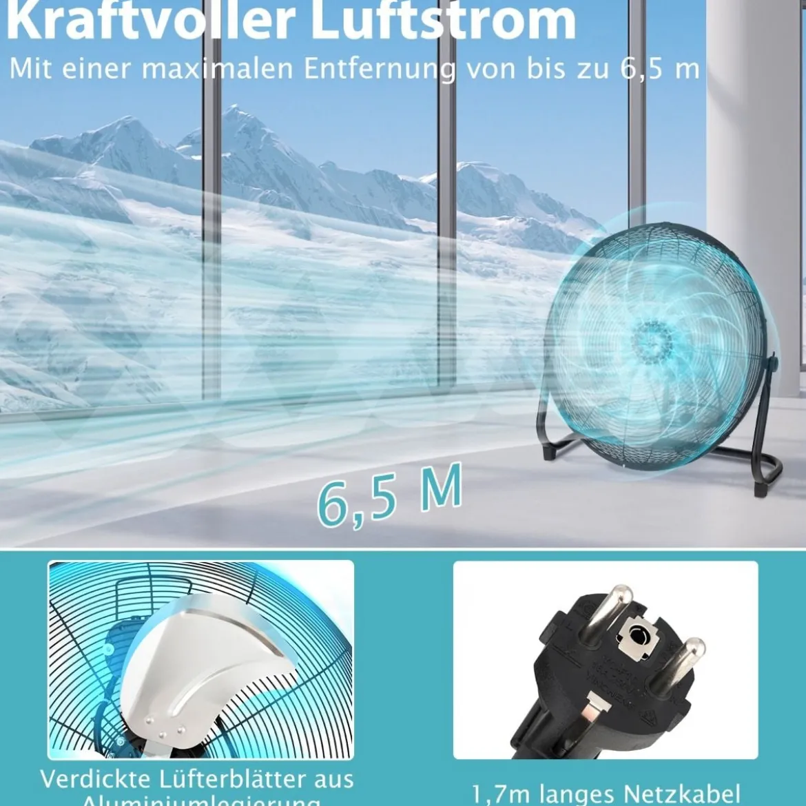 Bodenventilator φ51cm Windmaschine 160W mit 3 Geschwindigkeitsstufen Boden Ventilator im Chrom Design 145° einstellbarer Neigungswinkel