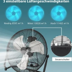 Bodenventilator φ51cm Windmaschine 160W mit 3 Geschwindigkeitsstufen Boden Ventilator im Chrom Design 145° einstellbarer Neigungswinkel