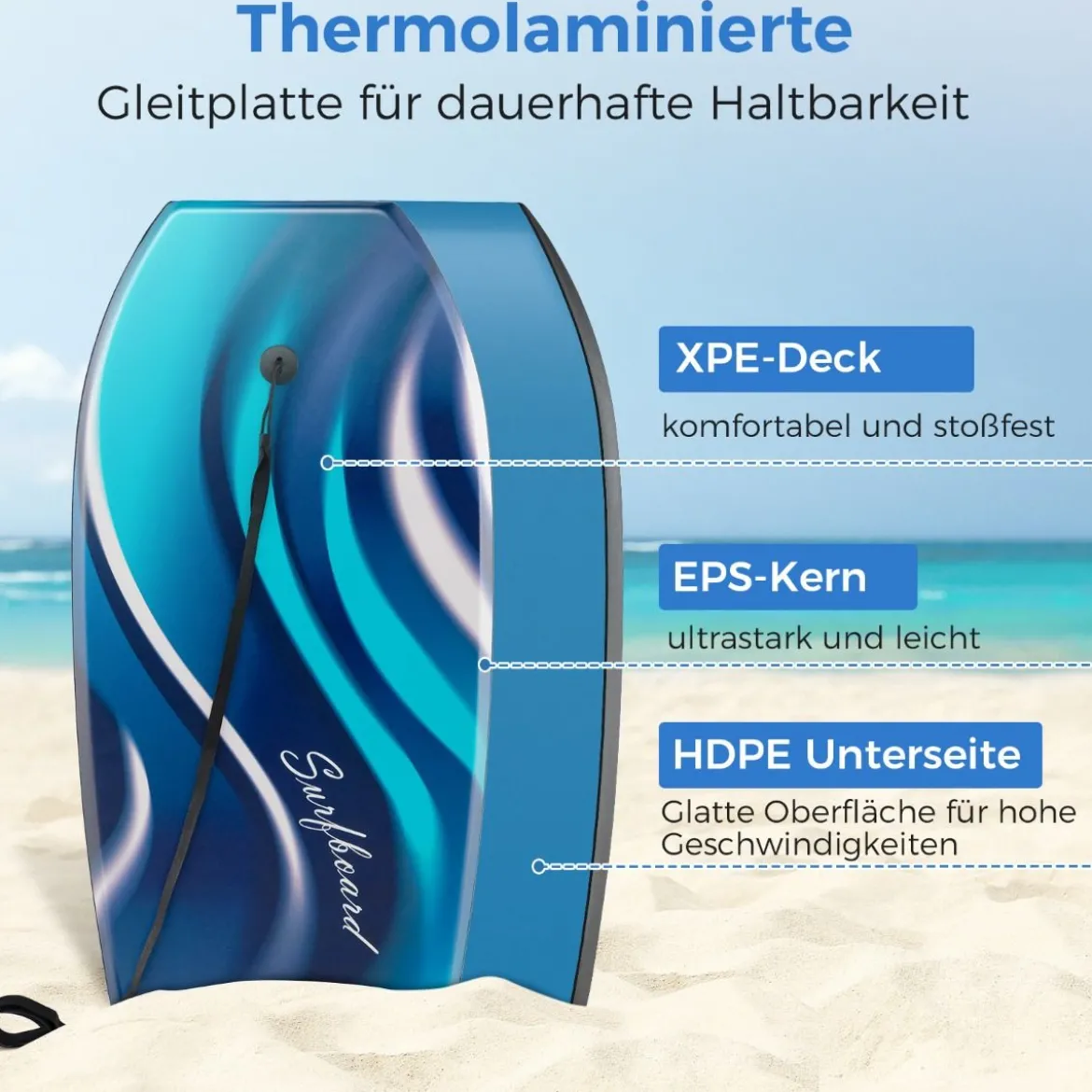 Bodyboard für Kinder Surfbrett mit EPS-Kern XPE-Deck HDPE-Unterseite & Handgelenkschlaufe 104cm