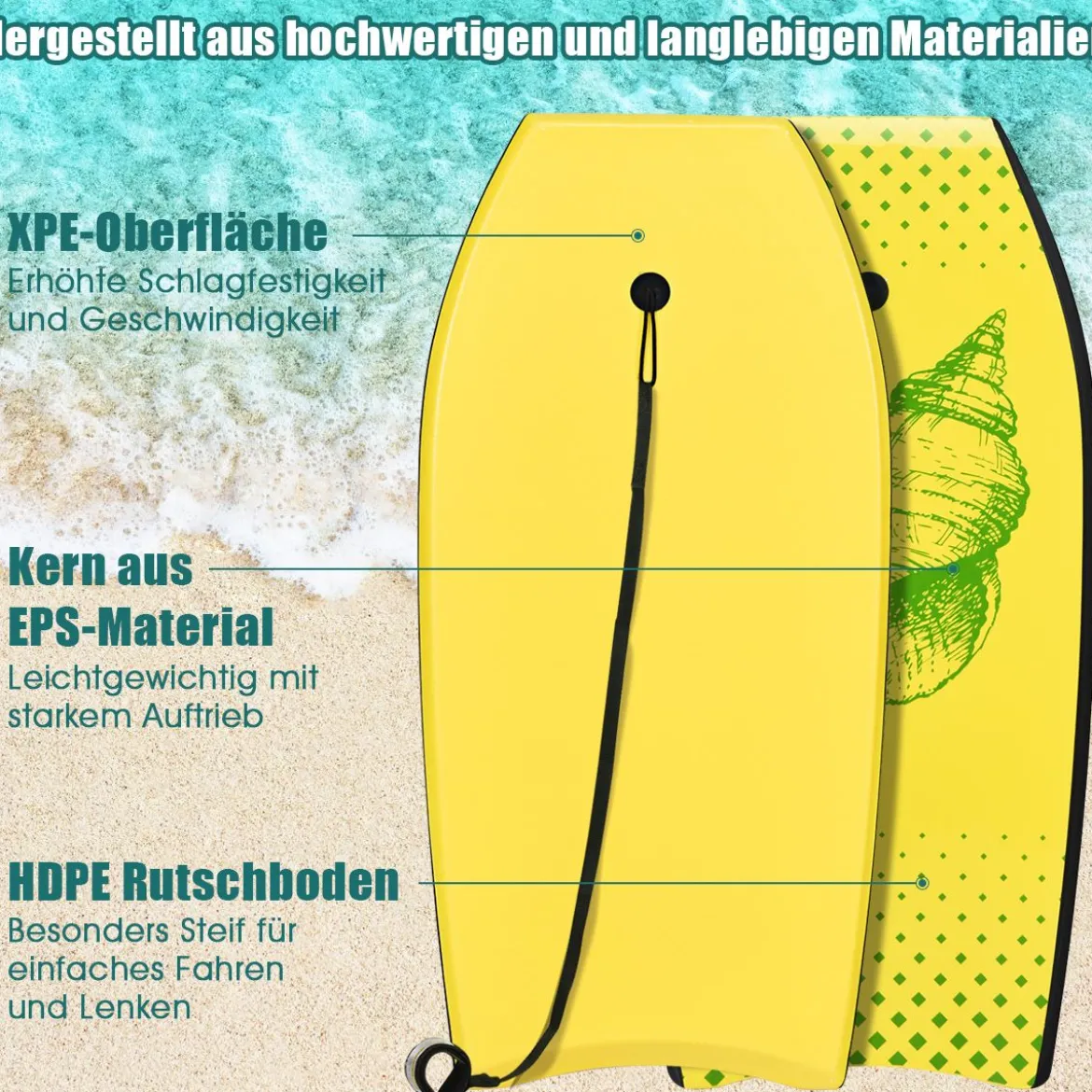 Bodyboard leichtgewichtig Schwimmbrett mit EPS-Kern & XPE Oberfläche für Kinder & Erwachsene 106cm Gelb