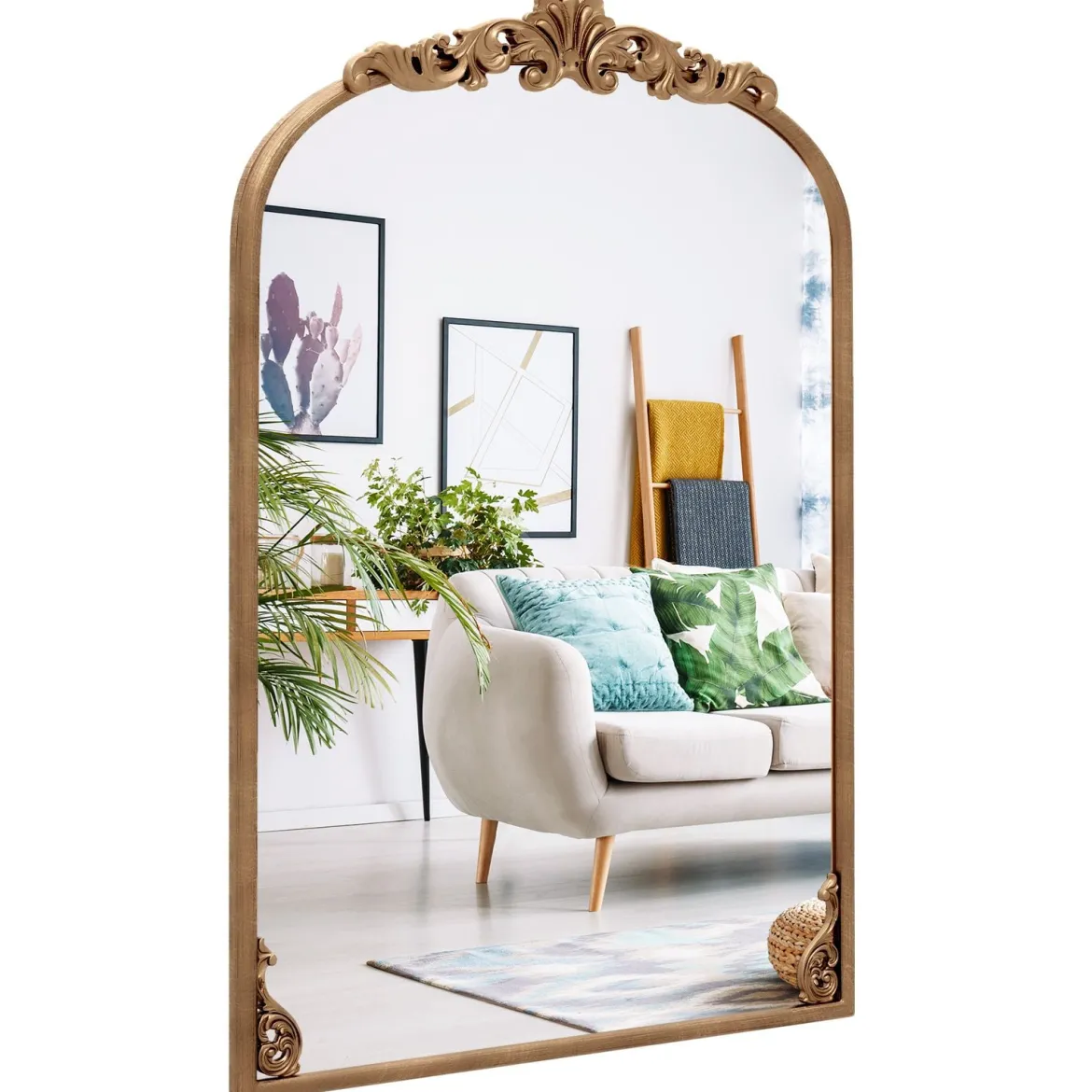 Bogen Wandspiegel Goldener traditioneller Vintage-Barockspiegel mit Metallrahmen antiker Bogenspiegel 95 cm x 66 cm