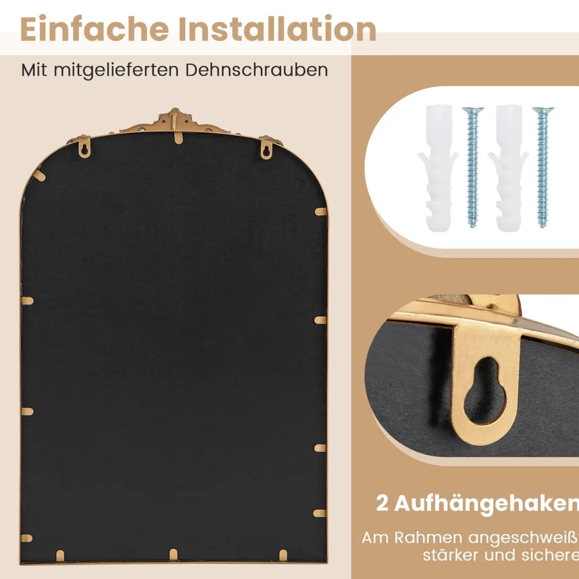 Bogen Wandspiegel Goldener traditioneller Vintage-Barockspiegel mit Metallrahmen antiker Bogenspiegel 95 cm x 66 cm