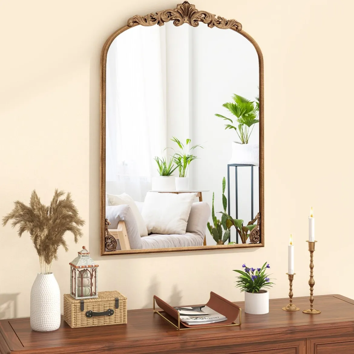 Bogen Wandspiegel Goldener traditioneller Vintage-Barockspiegel mit Metallrahmen antiker Bogenspiegel 95 cm x 66 cm